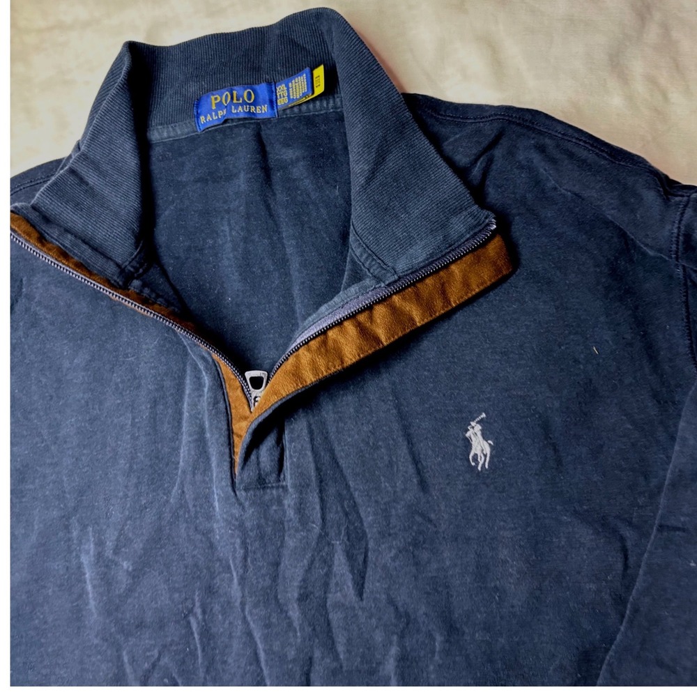 Polo Ralph Lauren Mens XXL Navy Blue Quarter Zip Pullover Faux Suede Trim Logo